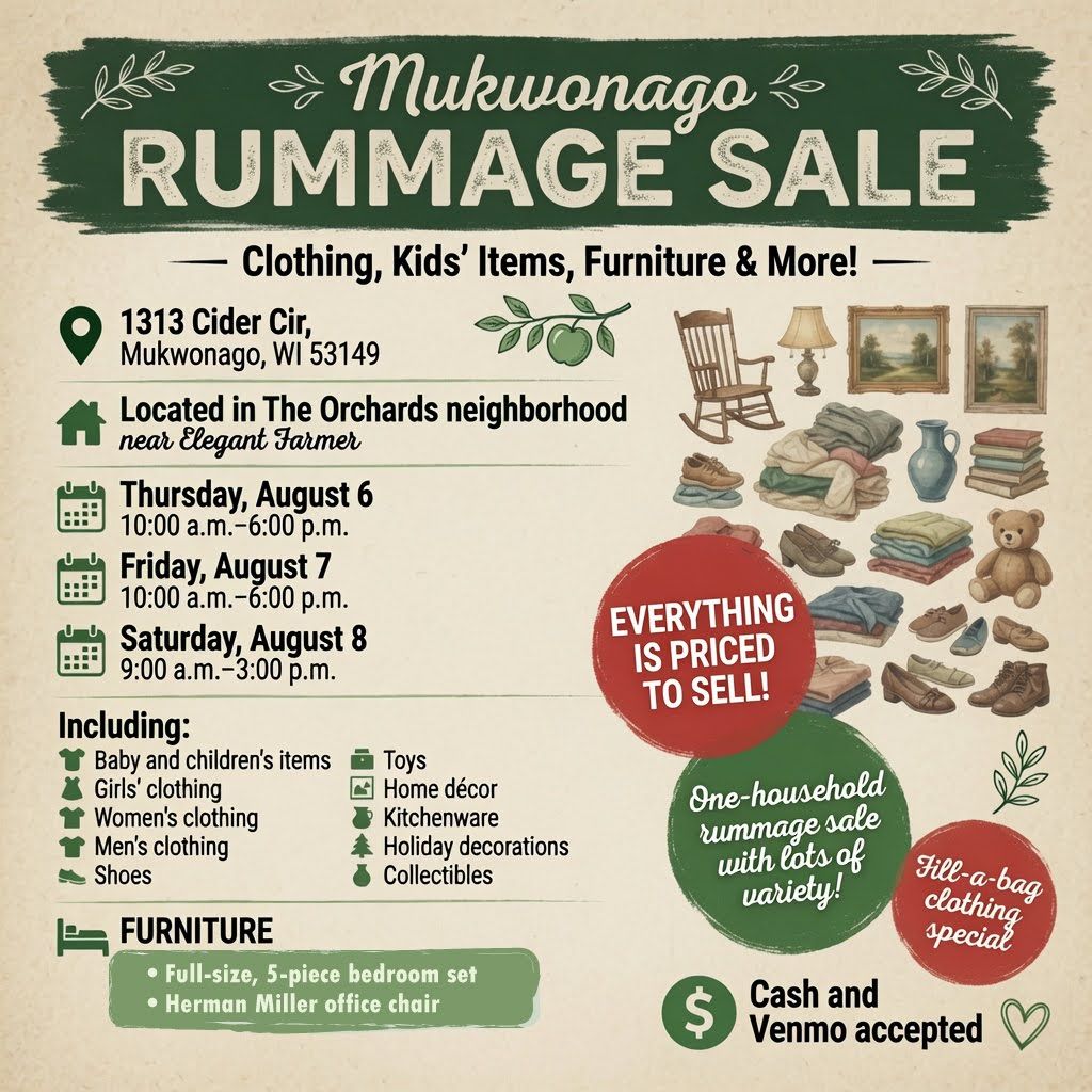 Mukwonago Rummage 8/6-8/8 *Clothing, Baby & Kids' Items, Furniture & Lots More!